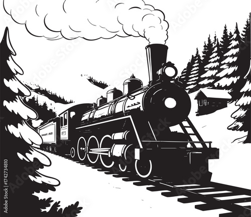 A vintage steam train travels through a snowy winter landscape with mountains and evergreen trees
