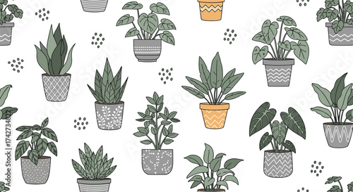 A charming seamless pattern featuring a variety of potted houseplants.