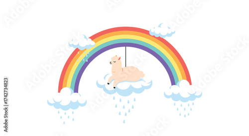 A fluffy llama peacefully rests on a cloud beneath a vibrant rainbow with gentle rain falling.