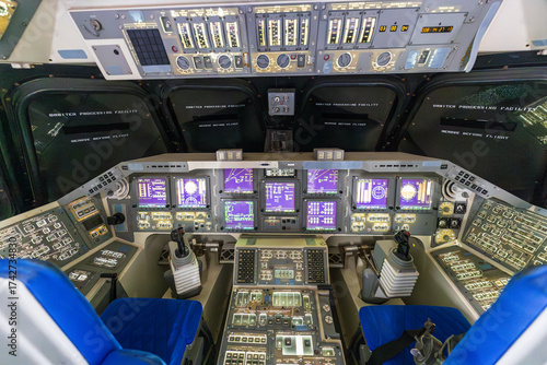 Fototapeta Naklejka Na Ścianę i Meble -  Illuminated Space Shuttle Endeavour Cockpit at Houston Space Center