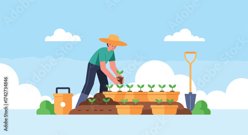 A farmer carefully planting young seedlings into the soil in a sunny garden.