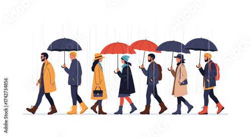 People walking in the rain holding umbrellas and using smartphones.