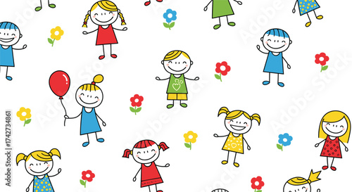 A playful seamless pattern featuring hand-drawn cheerful children and colorful flowers for kids' designs.