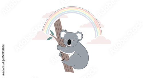 A cute koala climbing a tree under a rainbow and clouds.