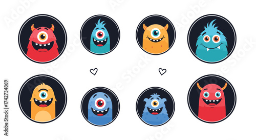 Cute little monsters with big eyes and happy smiles for kids
