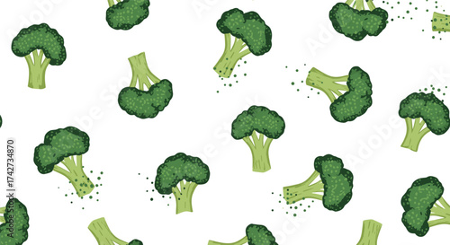 A delightful pattern of fresh green broccoli florets scattered across a clean white background.