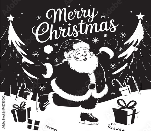 A cartoon santa claus ice skating with christmas trees and gifts in a snowy winter wonderland scene