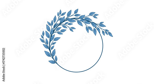 A circular wreath of delicate blue leaves frames empty space.