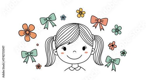 A sweet smiling girl with pigtails surrounded by colorful bows and flowers