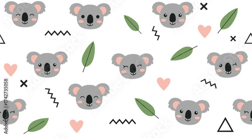 Cute cartoon koalas with leaves and hearts seamless pattern.