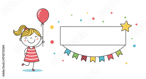 A happy girl celebrating a special occasion with balloons and banners.