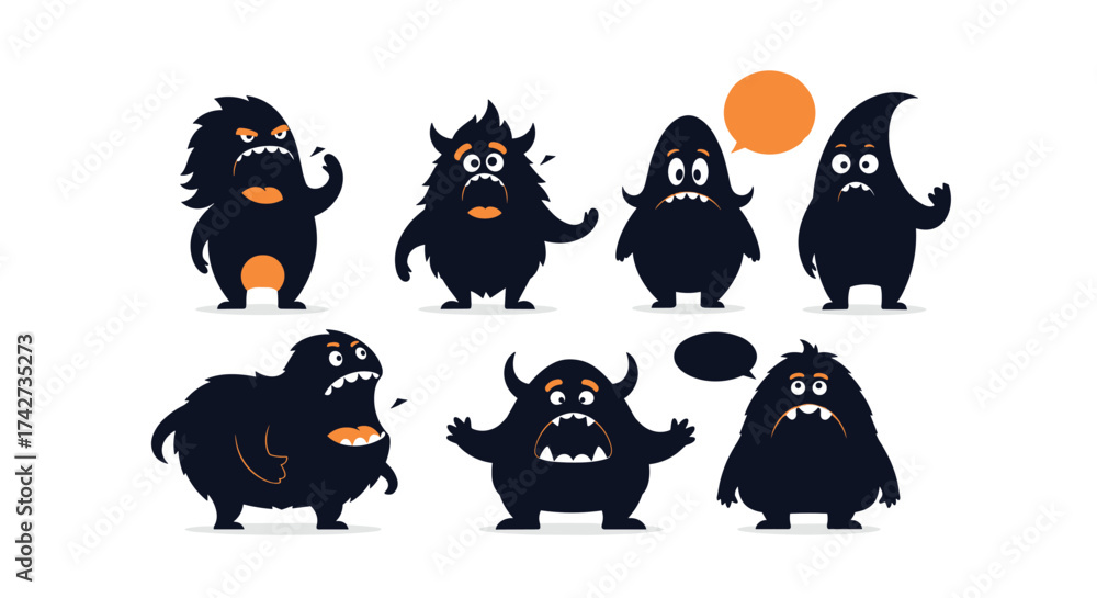 Obraz premium A group of cute and spooky cartoon monsters expressing various emotions with speech bubbles.