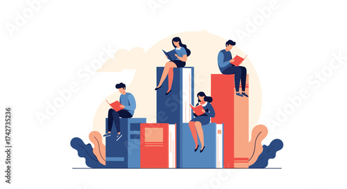 People reading books on stacks of books in a flat illustration style.