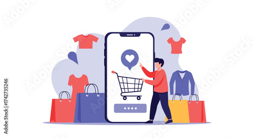 A person uses a smartphone app to shop for clothes online with various items appearing.