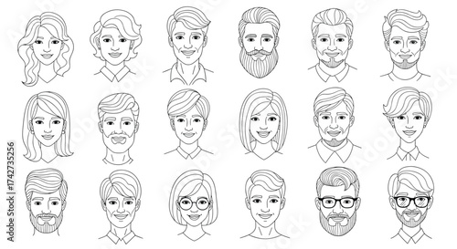 A collection of diverse hand-drawn portraits of people with various hairstyles and facial features.