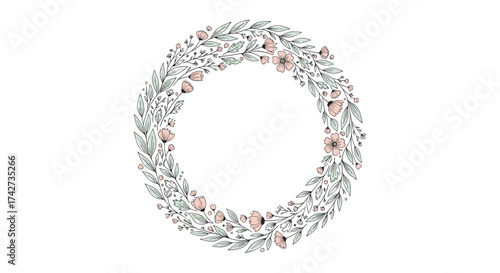 A delicate watercolor floral wreath with tiny pink blossoms and green leaves.