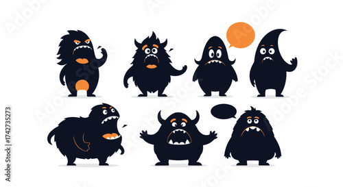 A group of cute and spooky cartoon monsters expressing various emotions with speech bubbles.