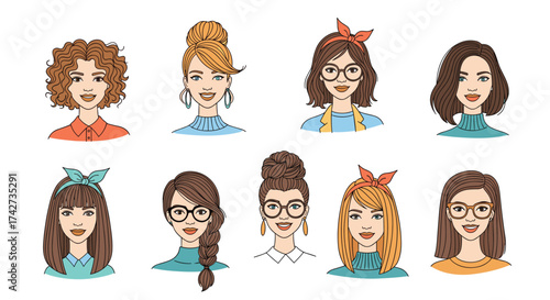 A diverse group of women with different hairstyles and accessories depicted in a colorful pixel art illustration.