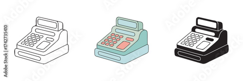 Cash Register Icons Line Art, Color, and Silhouette Style