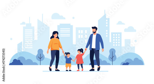 A happy family walking together in a park with city buildings in the background.