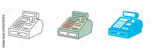 Cash Register Illustrations in Outline, Pastel, and Bright Blue for Commerce and Design