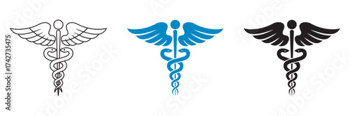 Collection of Caduceus medical symbol icons in line art, blue, and black styles. A vector graphic illustration set for healthcare, pharmacy, and medicine concepts