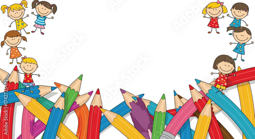 A vibrant collection of colorful pencils surrounding playful children.