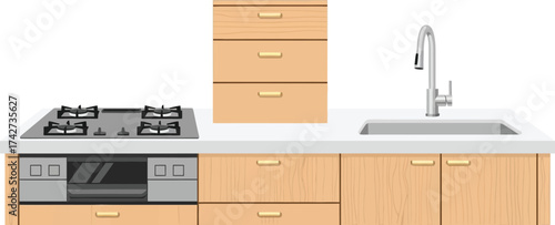 Modern kitchen interior with gas stove sink and wood cabinets