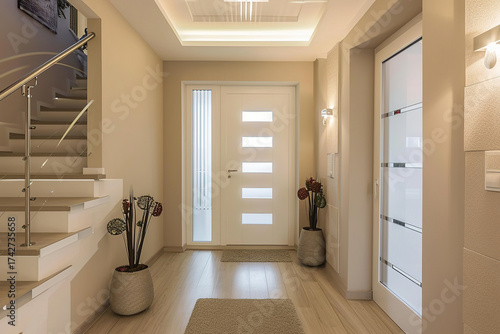 Modern interior hallway featuring elegant staircase, stylish door with glass panels, decorative plants in pots, and warm lighting creating a welcoming atmosphere in a contemporary home