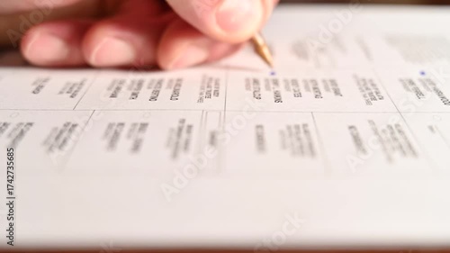 dolly shot close up shot of a hand filling out a voter ballot such as an absentee or overseas ballot for a general election or primary election, dolly of hand for a mail in absentee paper ballot 