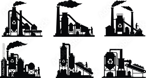 Industrial recycling plant silhouette vector set, factory waste management illustration, pollution control, eco-friendly processing, black and white icons.