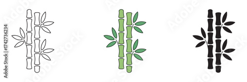 A versatile set of bamboo stalk icons in different styles including outline, color, and silhouette. Simple vector graphic of an eco-friendly plant