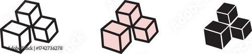 Abstract geometric cube cluster icon set in three variations outline, colored, and solid black