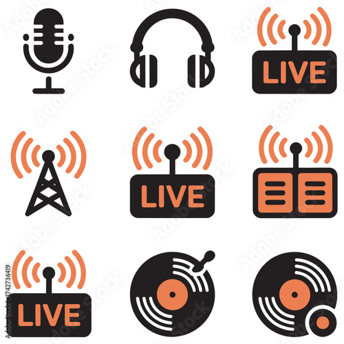 A collection of vector icons for radio, audio broadcasting, and music production, featuring a microphone, headphones, live signals, and vinyl records