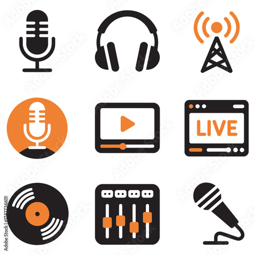 Diverse set of black and orange media icons for audio production, radio broadcasting, podcasting, and digital content creation, perfect for web and app design
