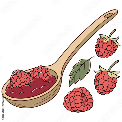  Luscious raspberry jam glistening in a rustic wooden spoon, a spoonful of summer's sweetness with warm light and clean and white background.
