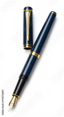 Elegant Blue Fountain Pen with Gold Accents on White Background for Writing and Calligraphy