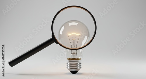 Magnifying Glass Focused on Vintage Light Bulb on Plain Background for Creative Concepts
