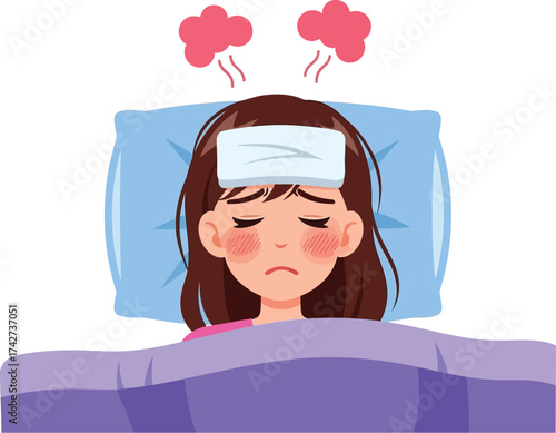 Cartoon sick girl with fever lying in bed feeling unwell vector