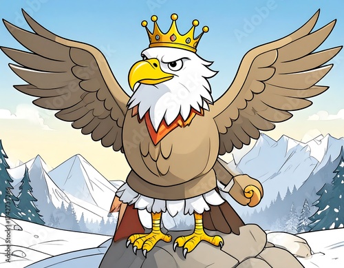 Cartoon eagle king on a mountain