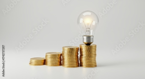 Light Bulb on Top of Stacked Coins Representing Financial Growth and Innovation Ideas