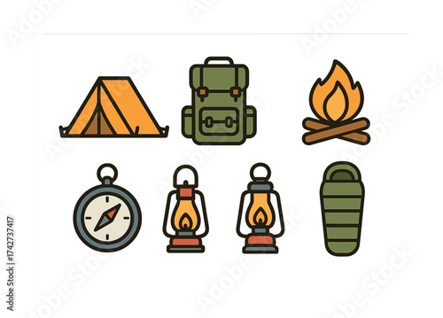 Vector Camping gear icons: tent, backpack, campfire, compass, lanterns, sleeping bag