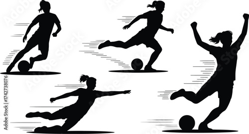 Female Football Player Vector Silhouettes. Kicking, Dribbling, Celebrating