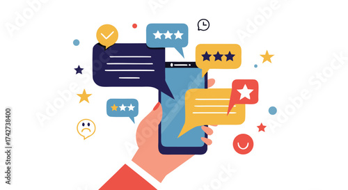 Customer feedback ratings and reviews displayed on a smartphone, modern design concept

