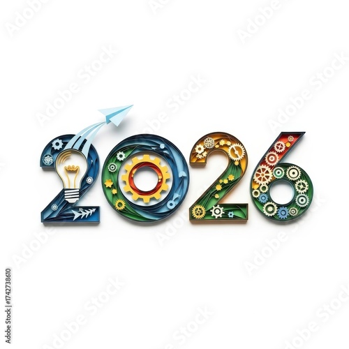Creative representation of the year 2026 with gears, lightbulb, and modern design elements