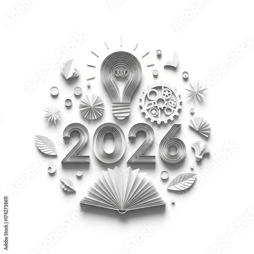 Creative Paper Art Representation of Year 2026 with Light Bulb, Book, and Gear Motifs