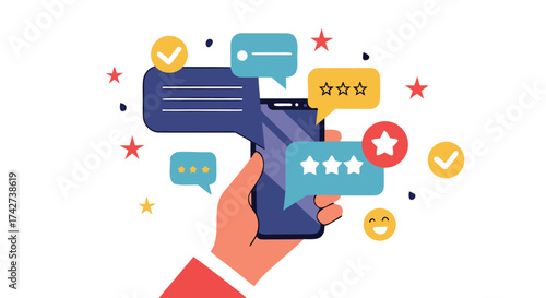 Customer feedback ratings and reviews displayed on a smartphone, modern design concept

