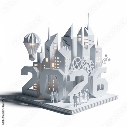 Creative Minimalist Paper Cut Model of 2026 Cityscape with Innovative Design Elements