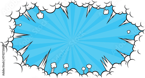 Comic book explosion background with blue burst and white clouds