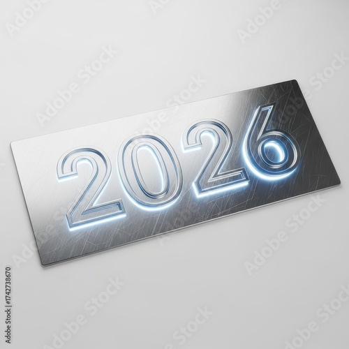 Metallic 2026 Sign with Neon Glow Effect on Smooth Shiny Surface for Modern Design Use